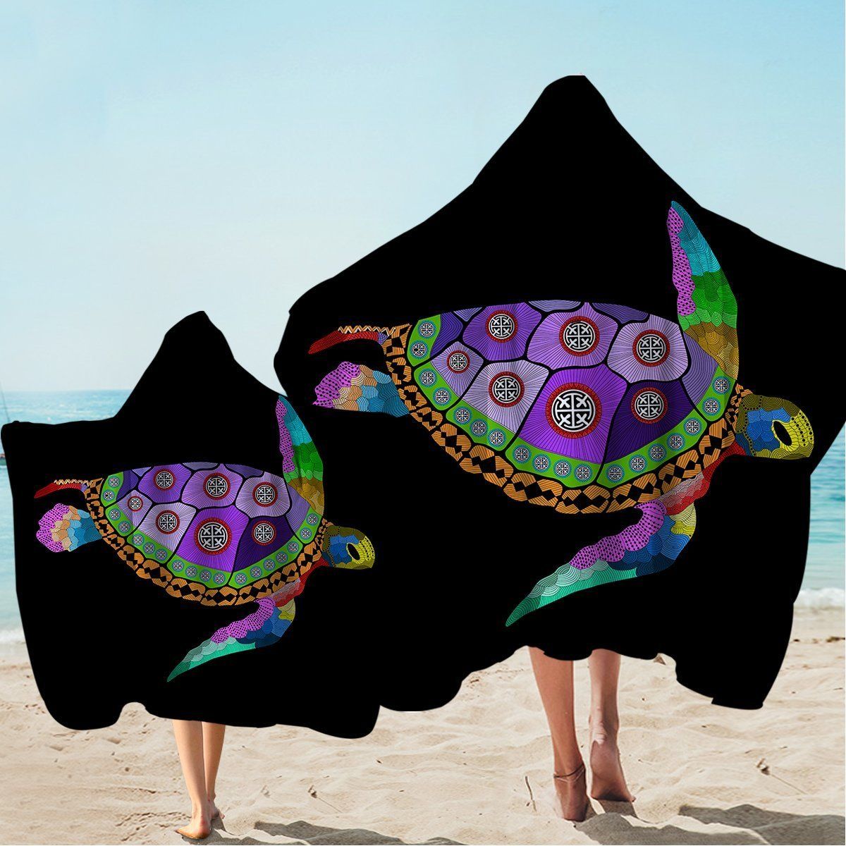 Free Spirit Turtle In Black Printed Hooded Towel