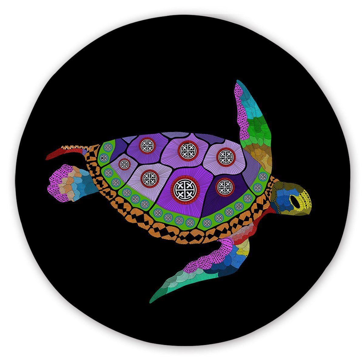 Free Spirit Turtle In Black Printed Round Beach Towel