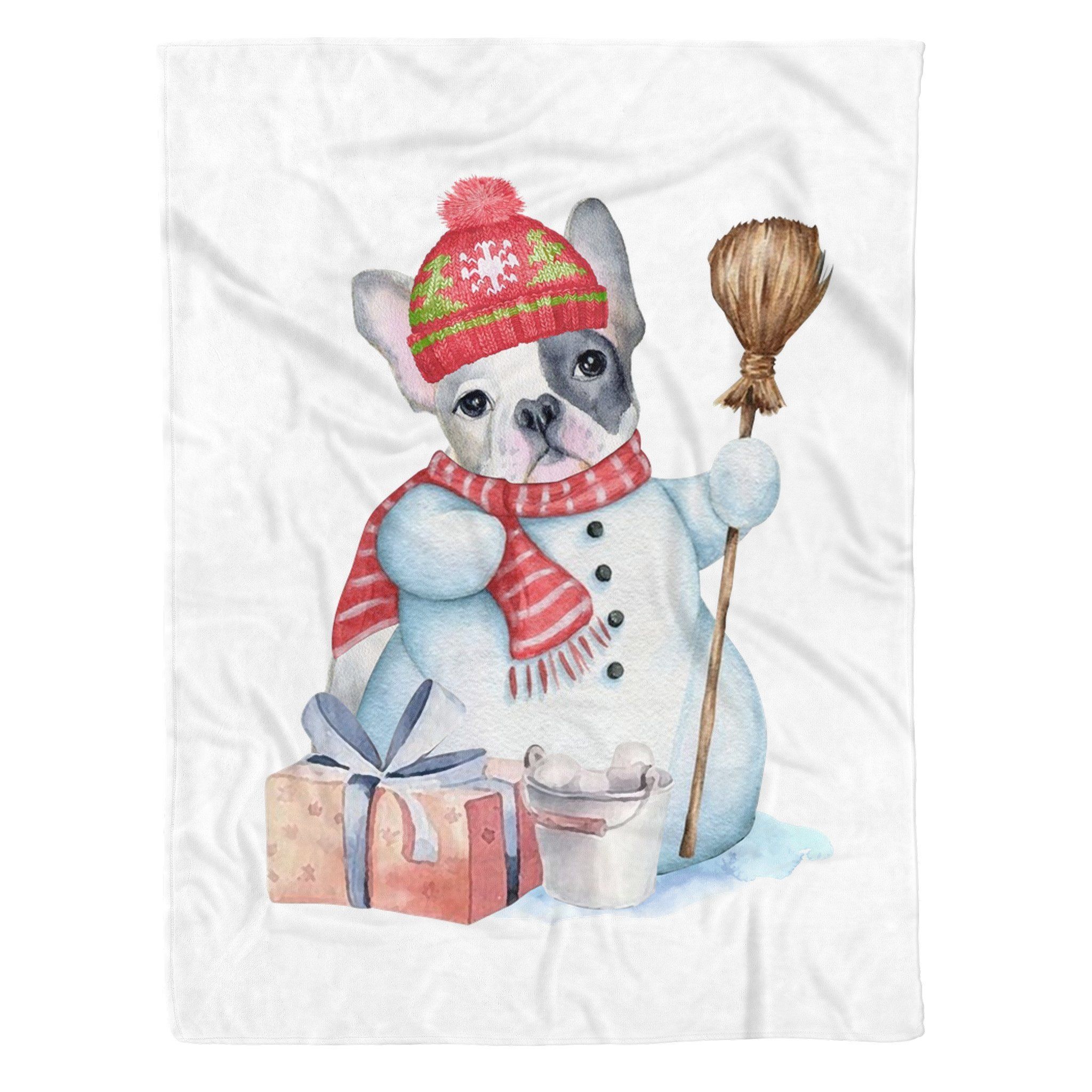 French Bulldog Snowman Christmas Sherpa Fleece Blanket