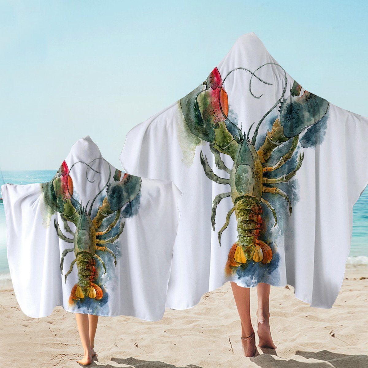 Fresh Lobster In White Printed Hooded Towel