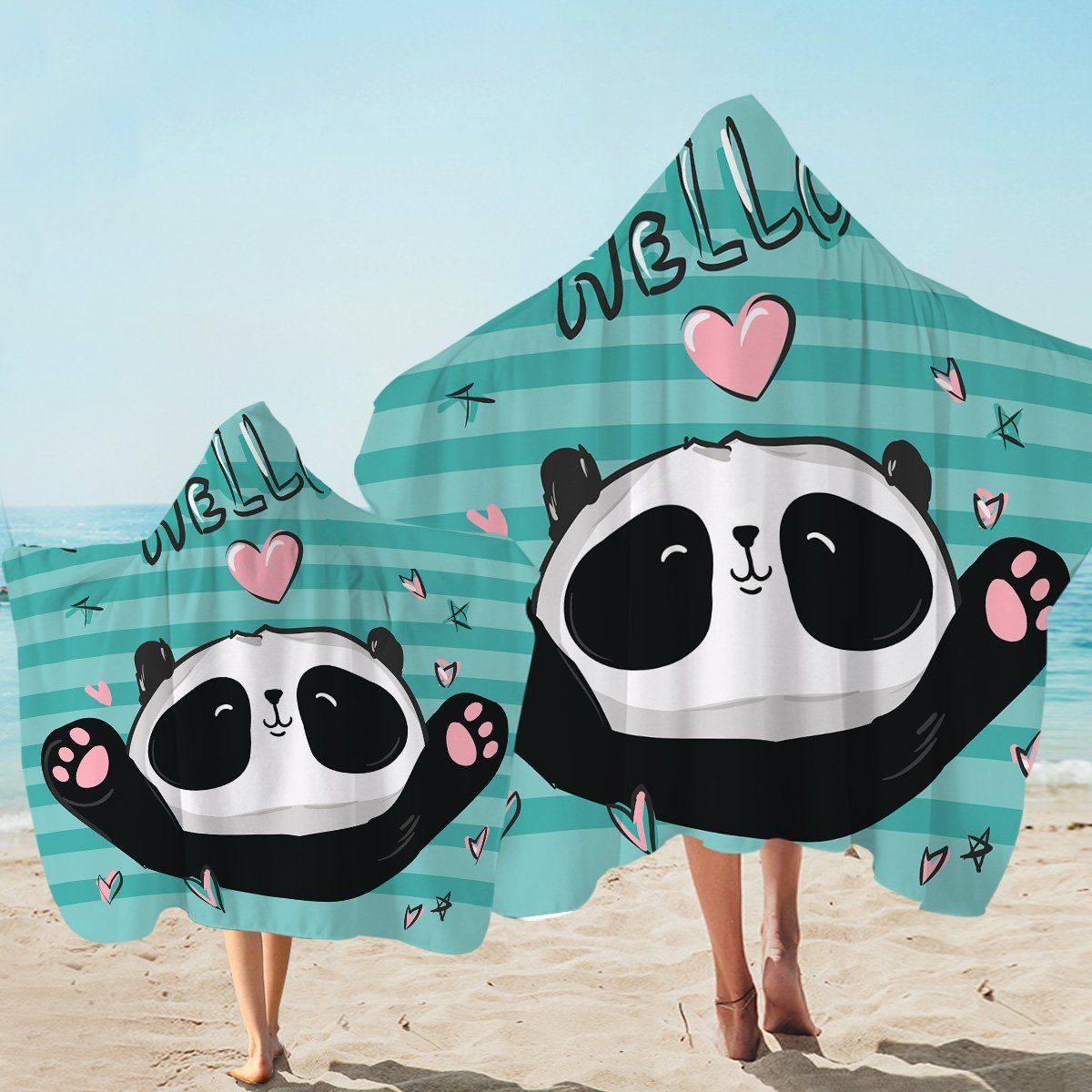 Friendly Panda Green Stripes Printed Hooded Towel