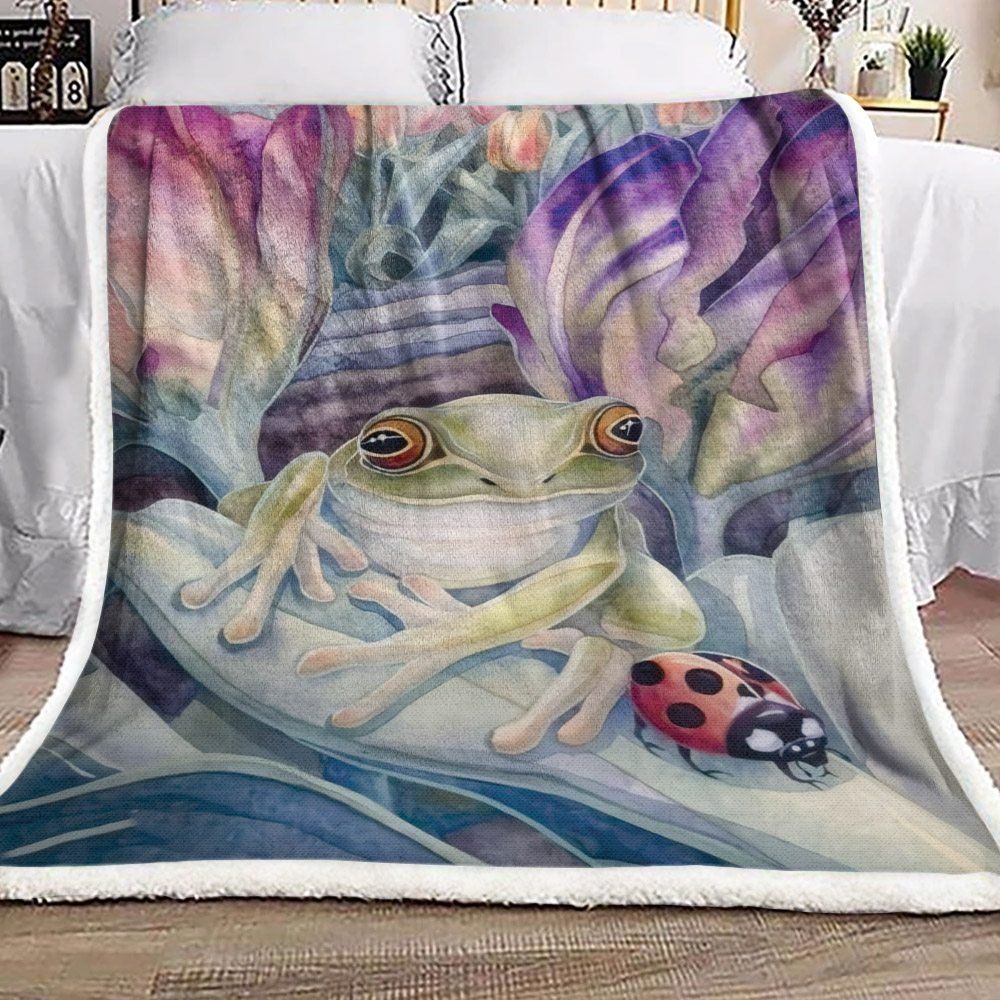 Frog And Ladybug In Tulip Garden Sherpa Fleece Blanket