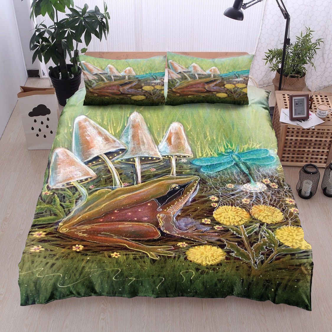 Frog Dragonfly Butterfly Mushroom Flower Bedding Set