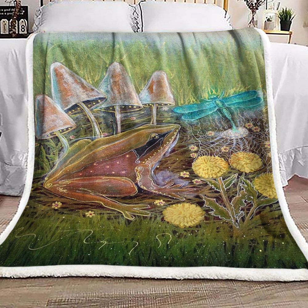 Frog Dragonfly Butterfly Mushroom Flower Sherpa Fleece Blanket