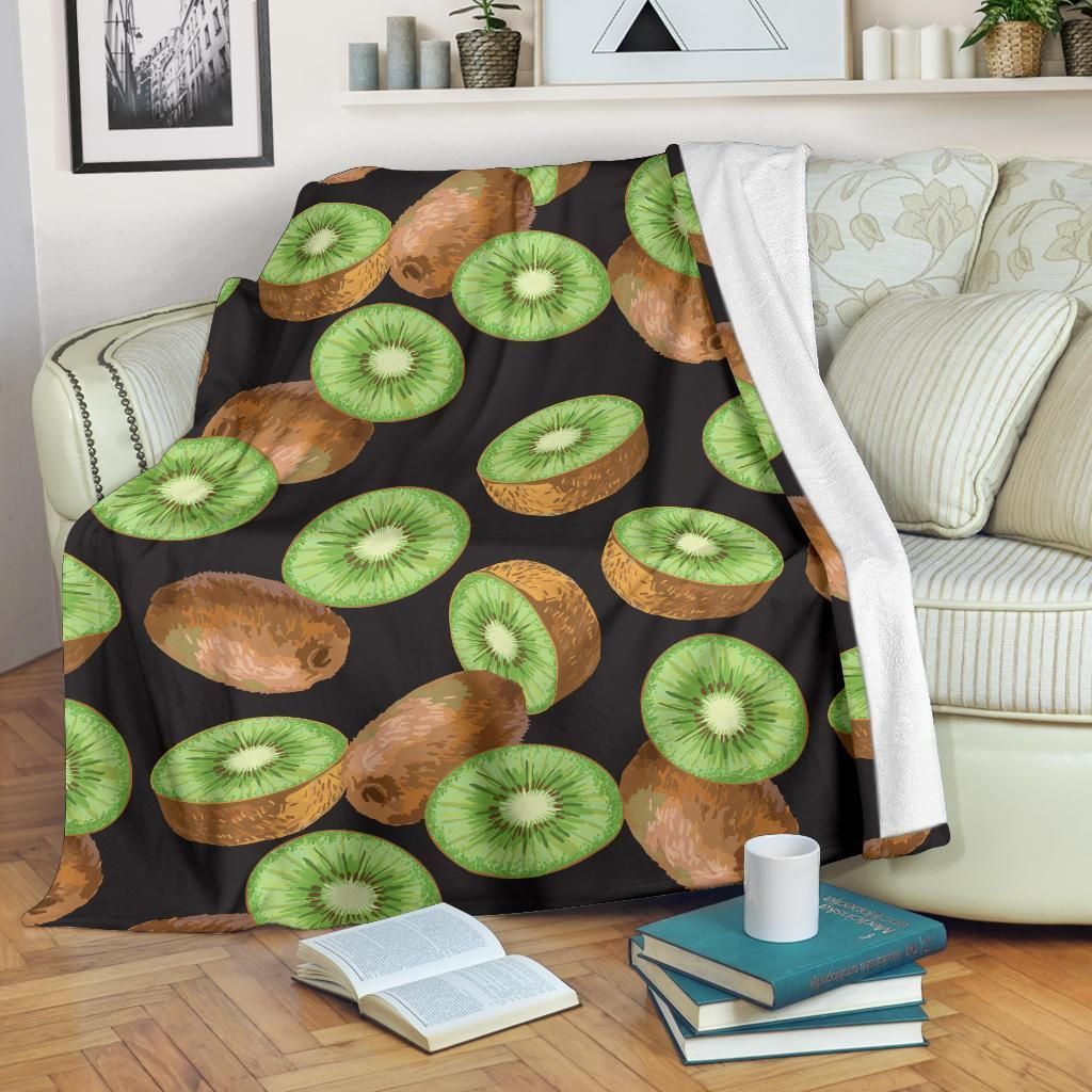 Fruit Kiwi Pattern Print Design Black Fleece Blanket