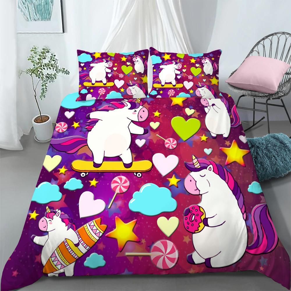 Funny 3d Unicorns Stars Hearts Clouds Bedding Set