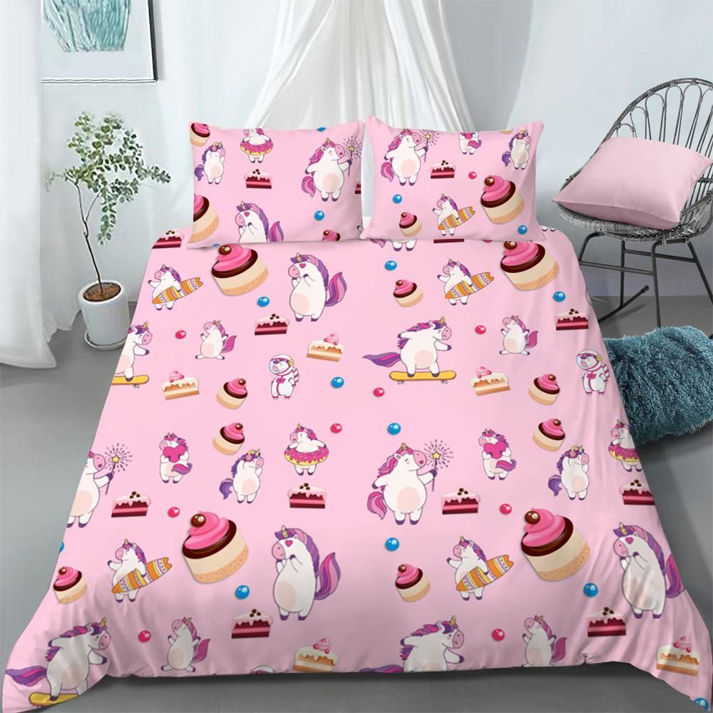 Funny 3D Unicorns With Cakes Pink Background Bedding Set