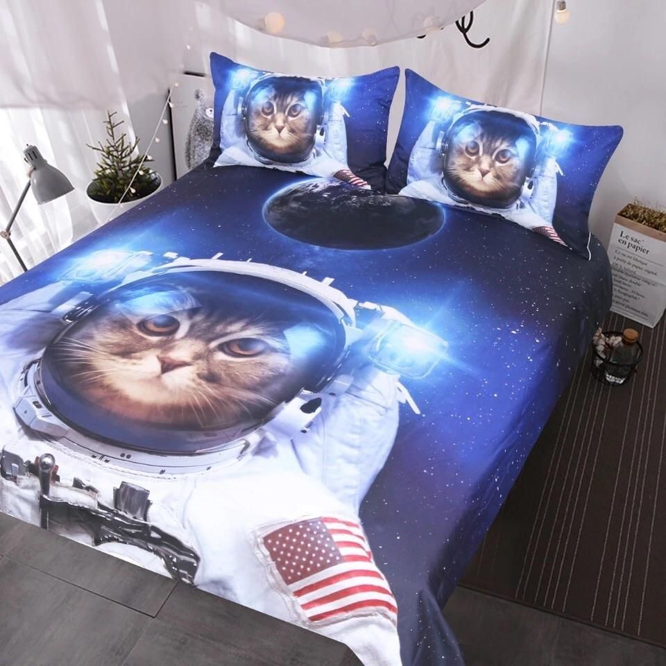 Funny Astronaut Cat In Space Bedding Set