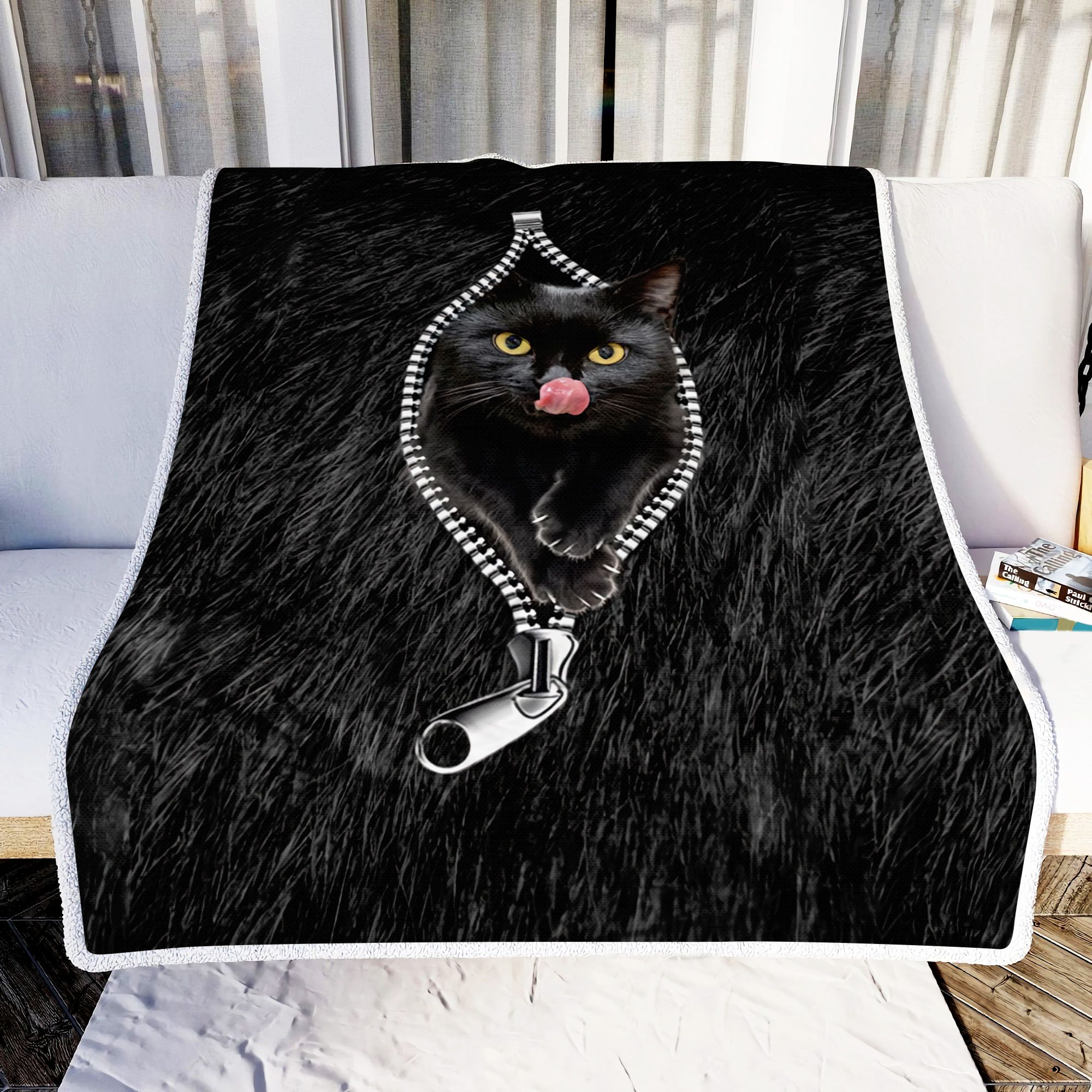 Funny Black Cat Open Zipper Hole Fleece Blanket