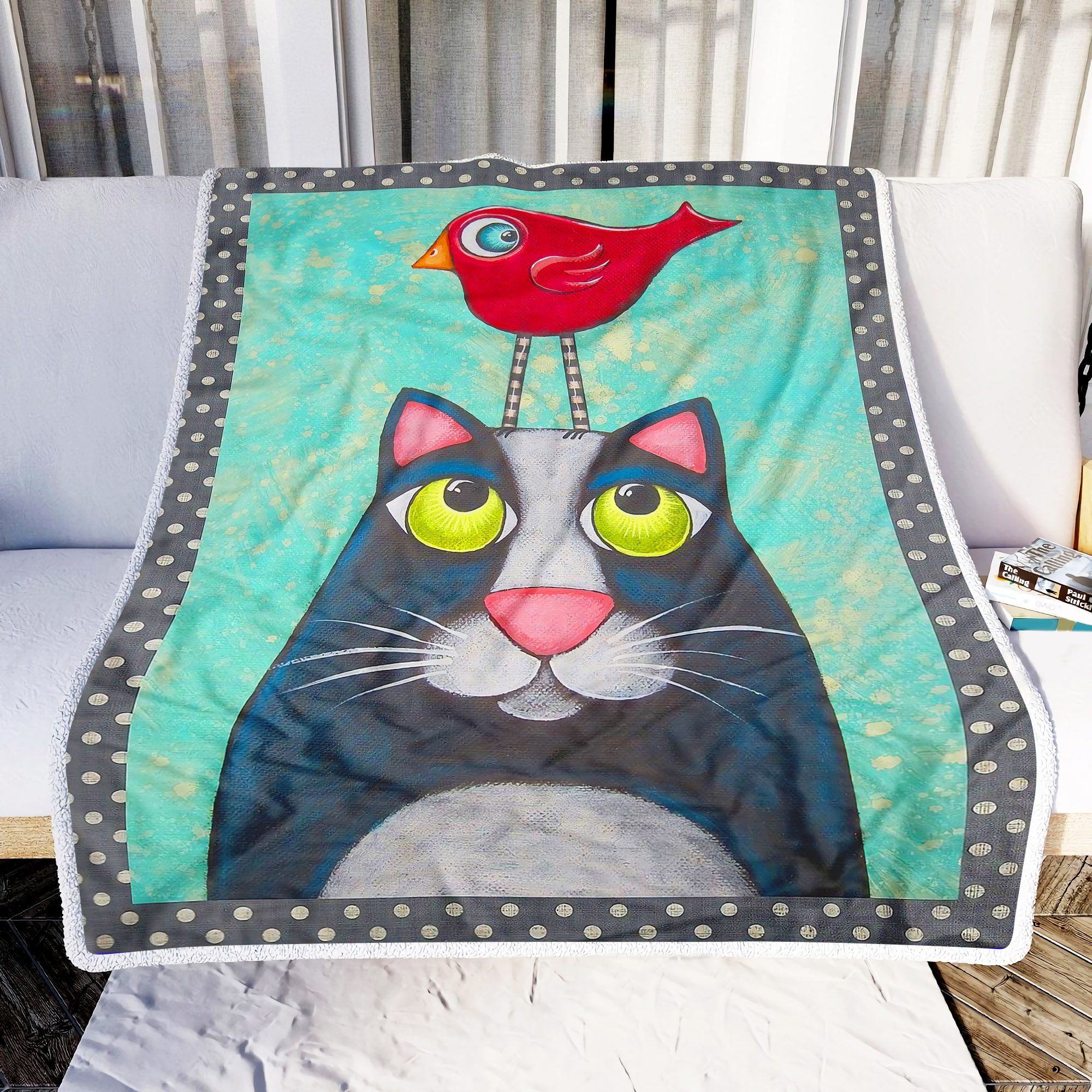 Funny Cat And Red Bird Fleece Blanket