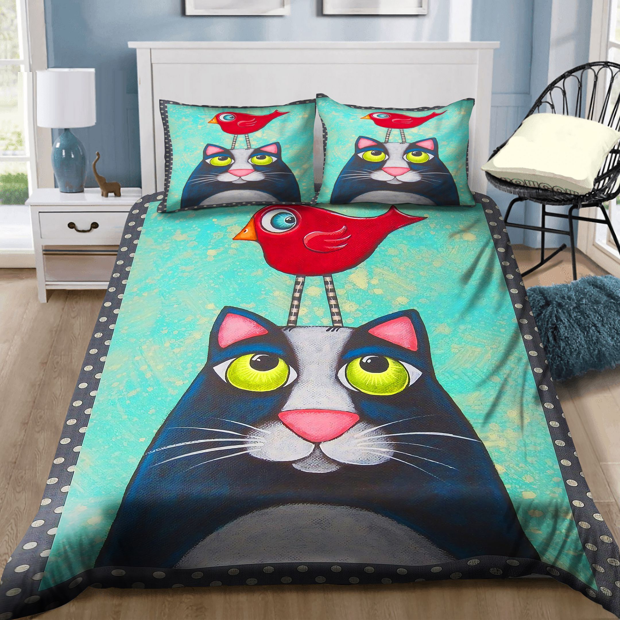 Funny Cat And Red Bird Bedding Set