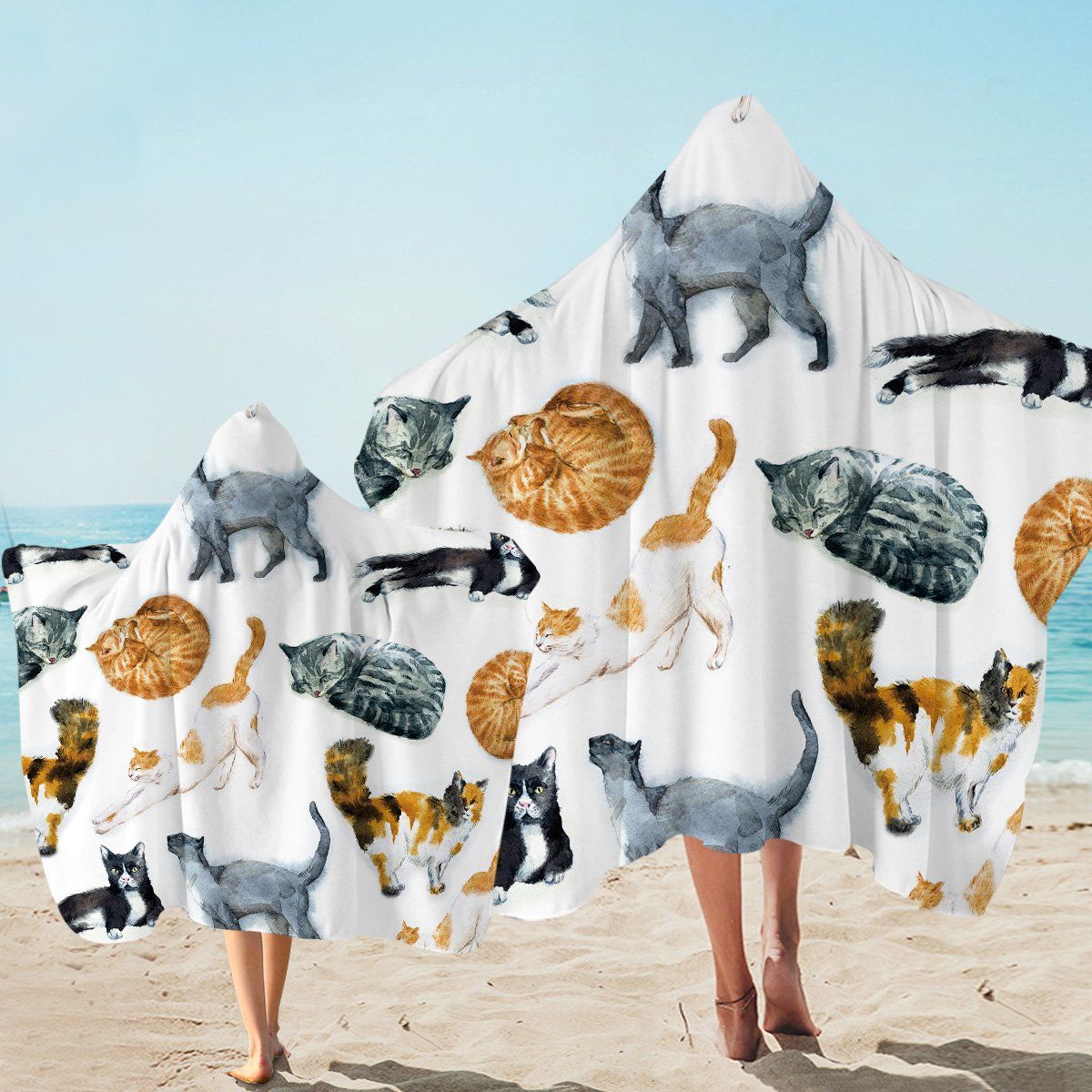 Funny Cat Curl Pattern Printed Hooded Towel