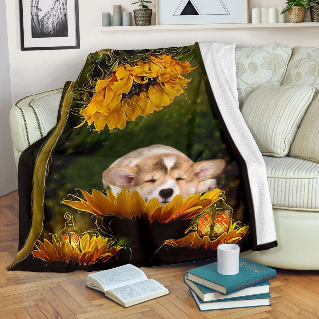 Funny Corgi Sunflower Sherpa Fleece Blanket