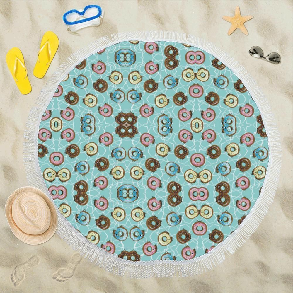 Funny Emoji Donut Light Blue Printed Round Beach Towel