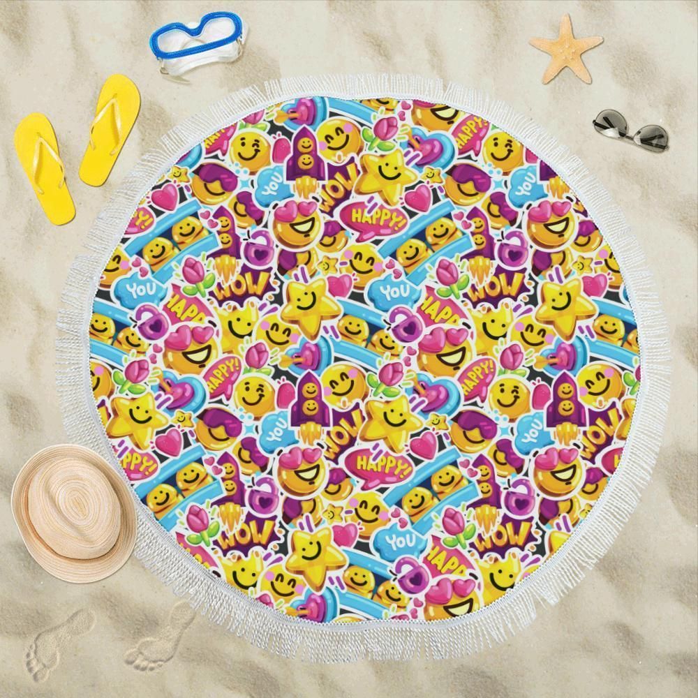 Funny Emoji Sticker Pattern Pattern Printed Round Beach Towel