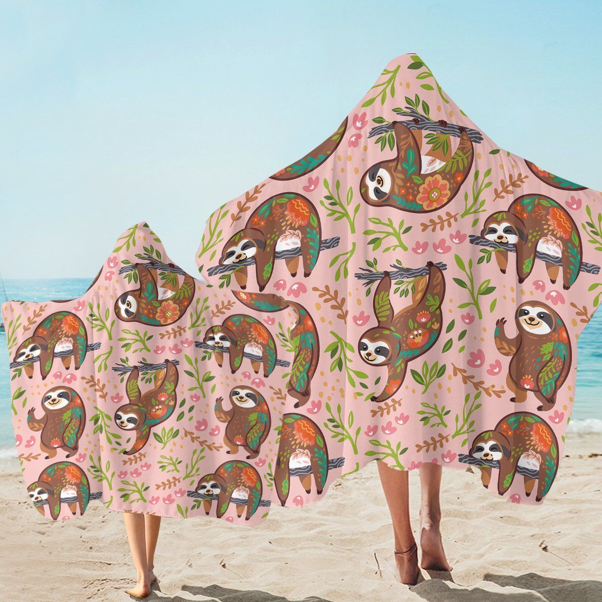 Funny Hanging Sloth Pink Printed Hooded Towel