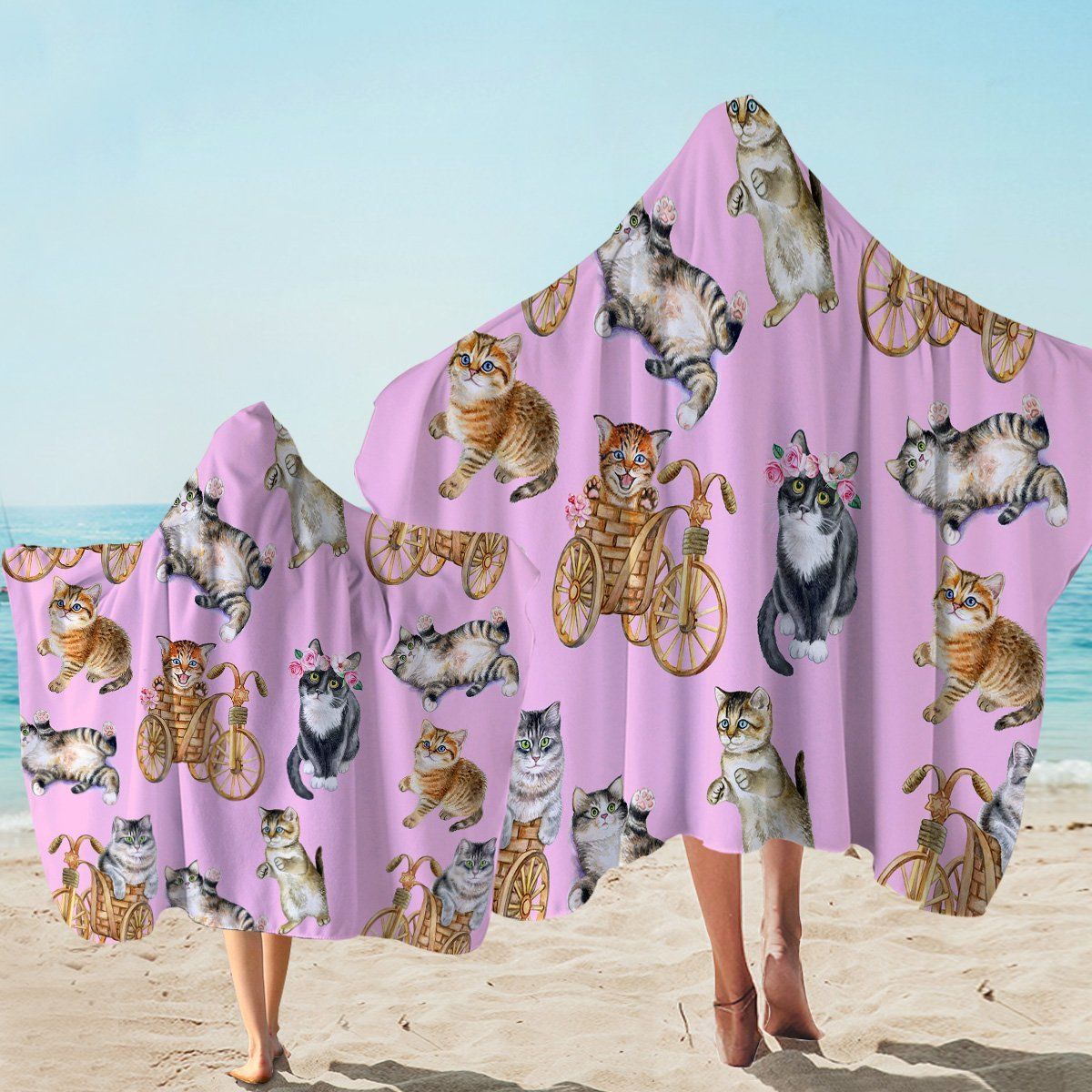 Funny Kitty Activities Pink Printed Hooded Towel