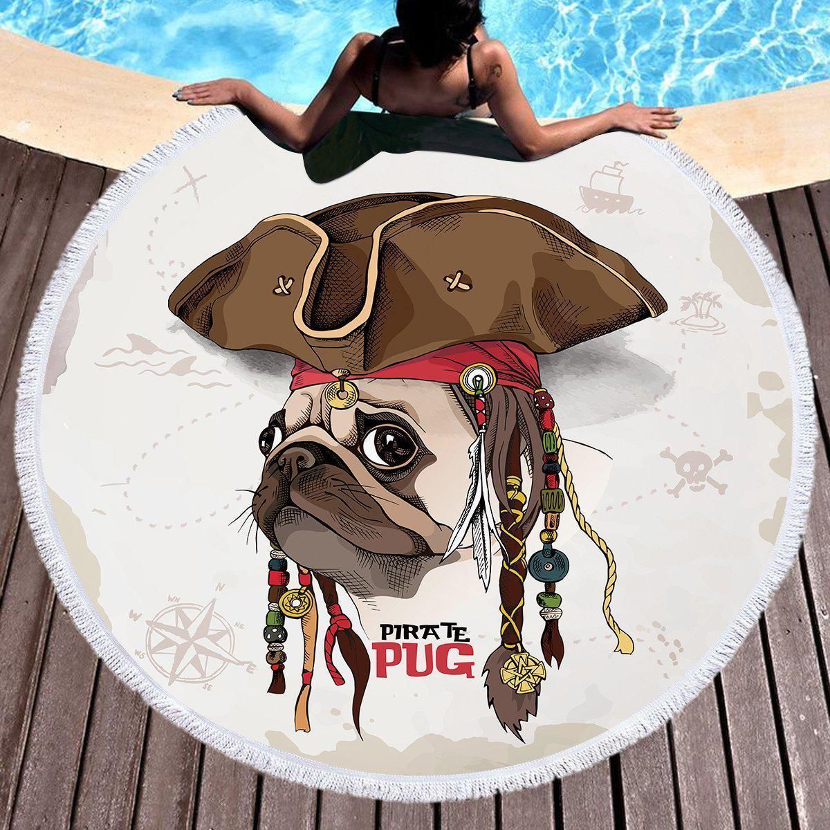 Funny Pirate Pug Printed Round Beach Towel