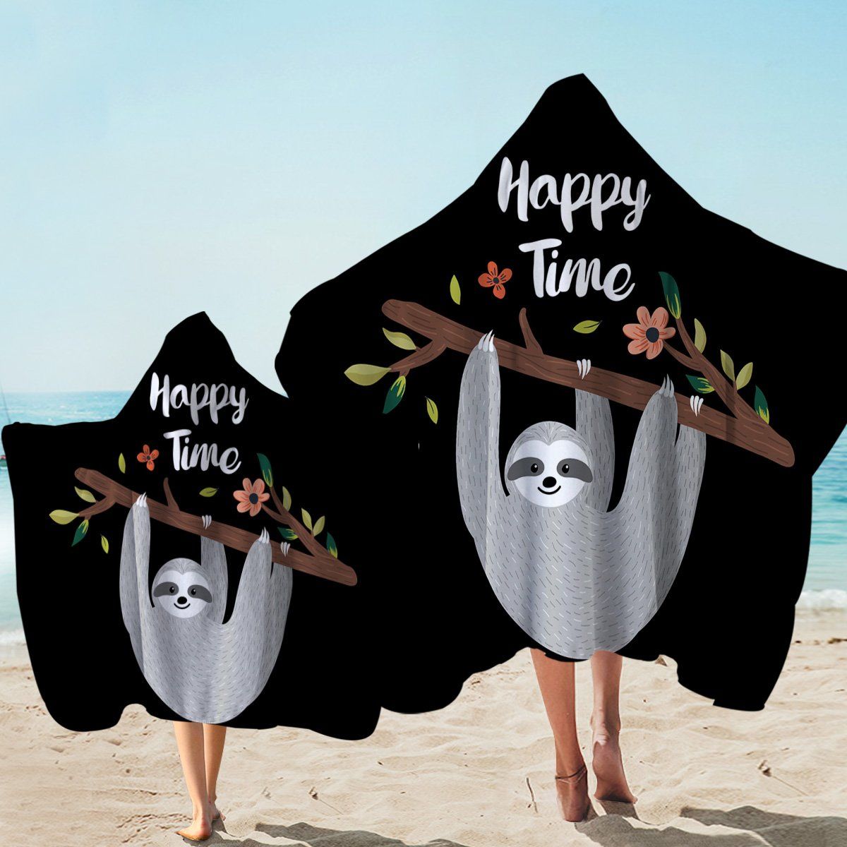 Funny Sloth Hanging On Branch Tree Happy Time Printed Hooded Towel