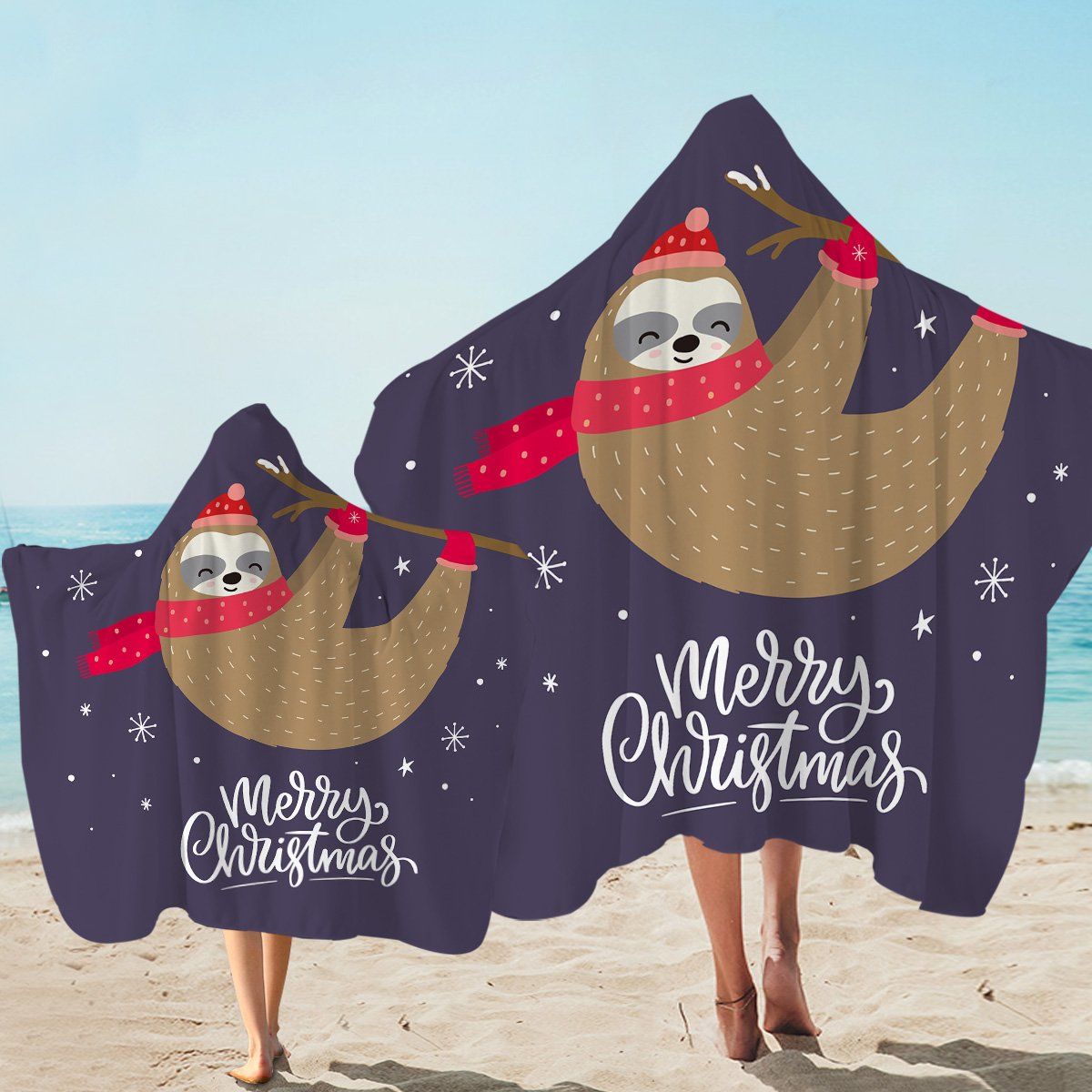 Funny Sloth Merry Christmas Snowflake Printed Hooded Towel