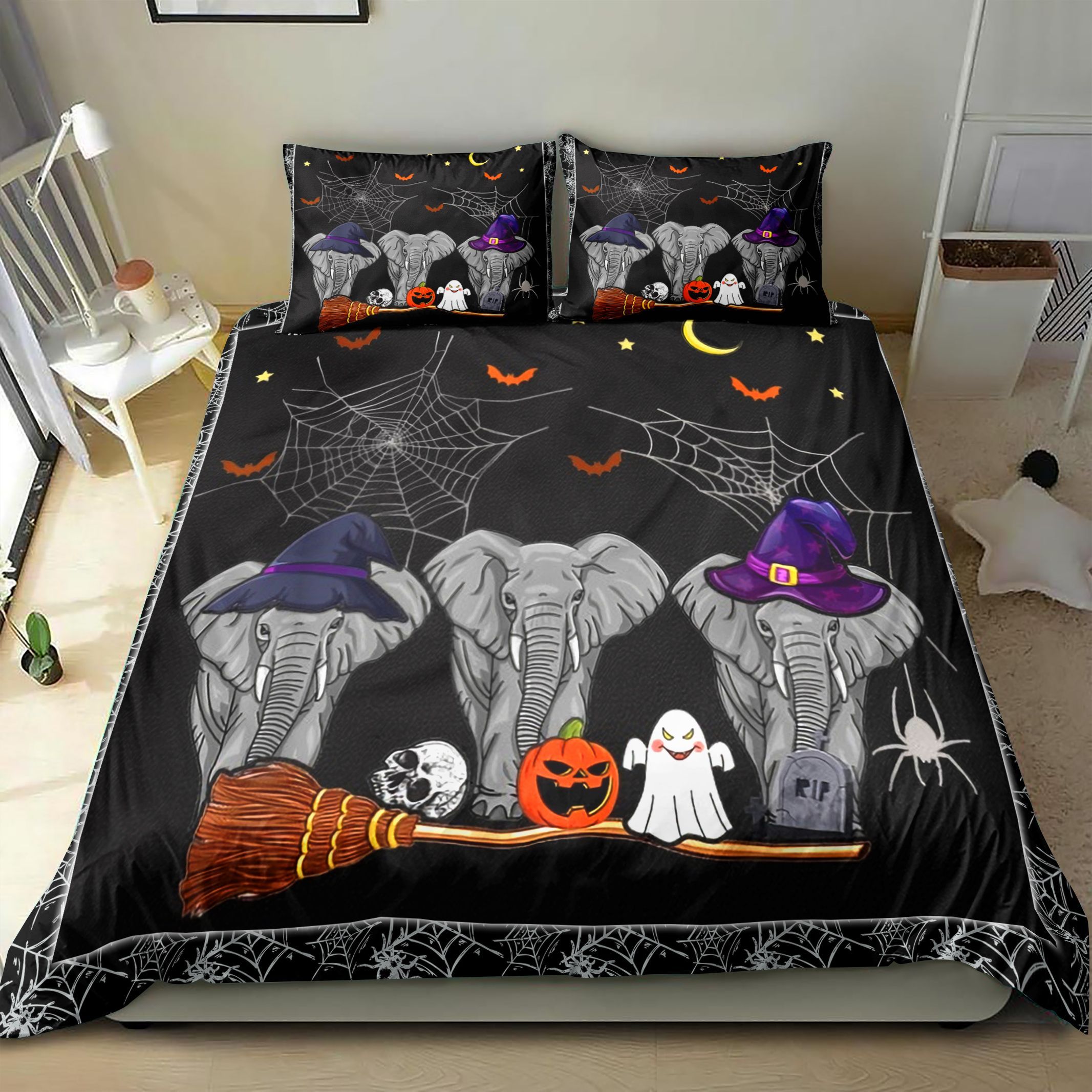 Funny Witch Elephants Halloween Elephant Bedding Set