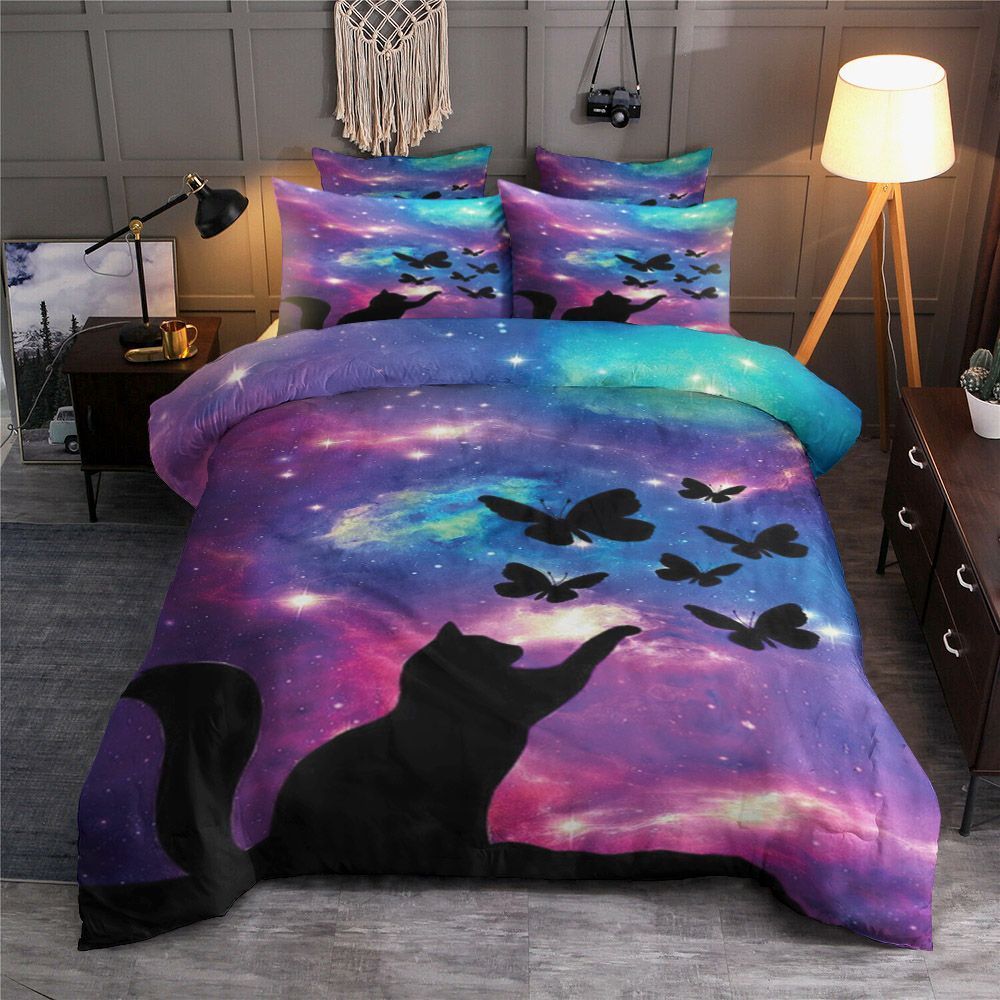 Galaxy Black Cat Butterfly Bedding Set
