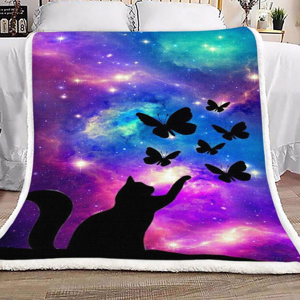 Galaxy Black Cat Butterfly Sherpa Fleece Blanket