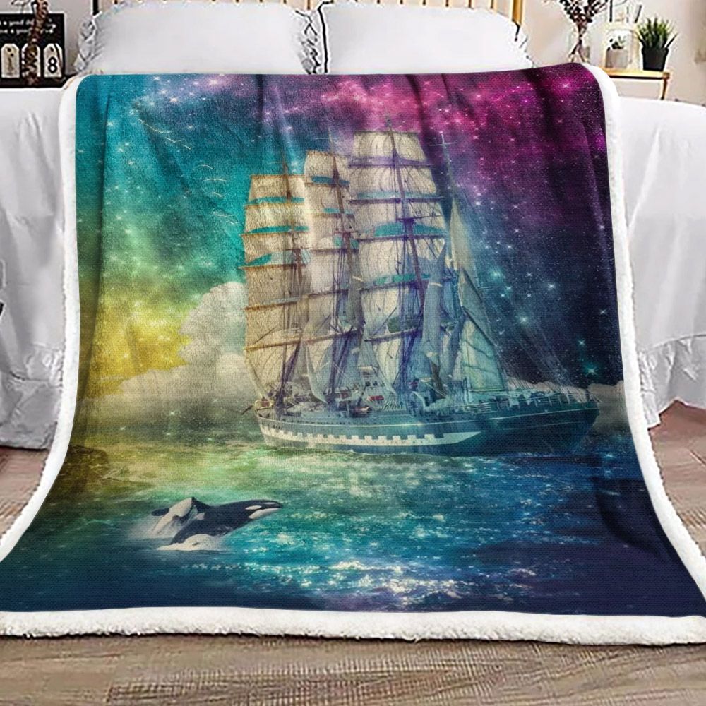 Galaxy Ship Dolphin Sherpa Fleece Blanket