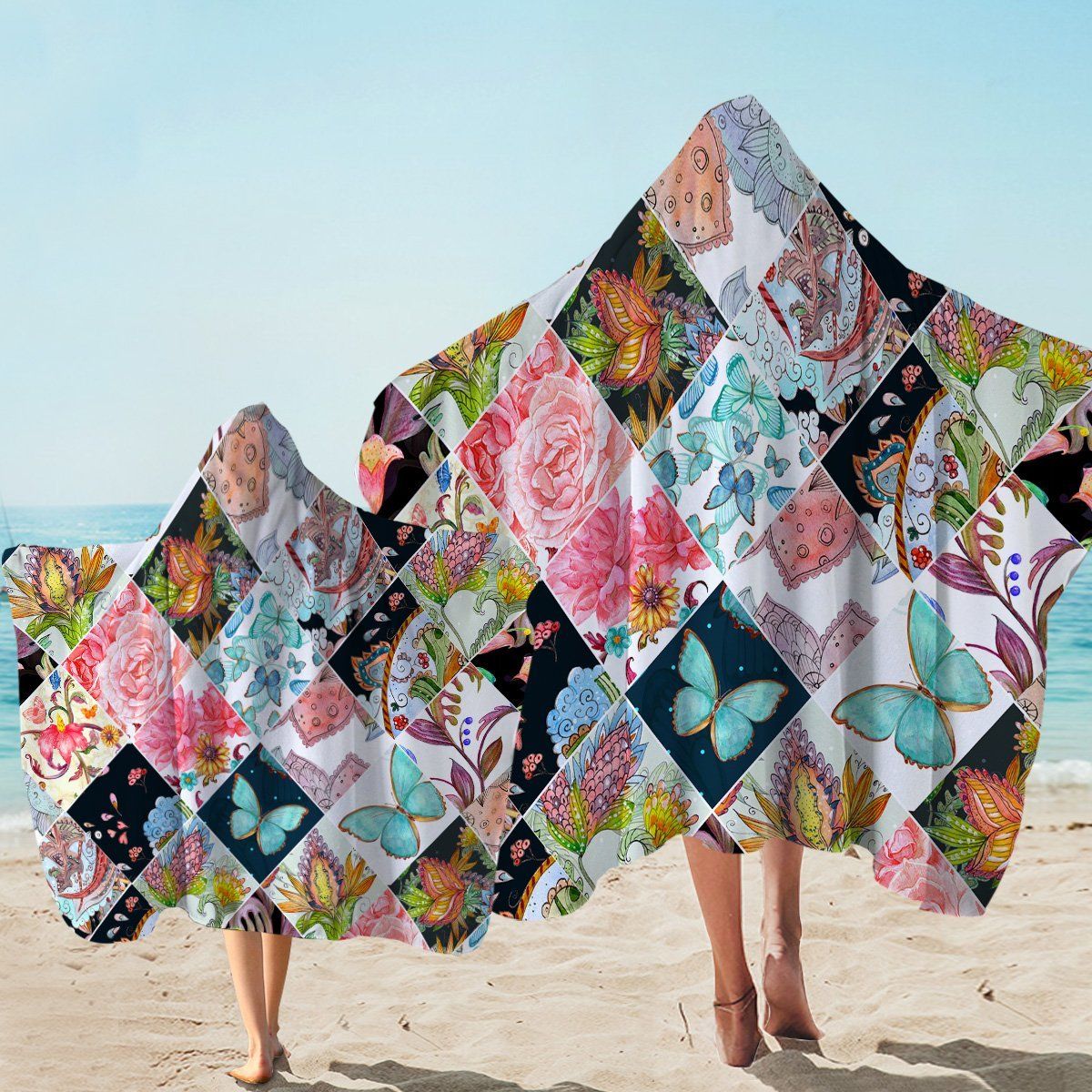 Garden Species Tiles Pattern Printed Hooded Towel