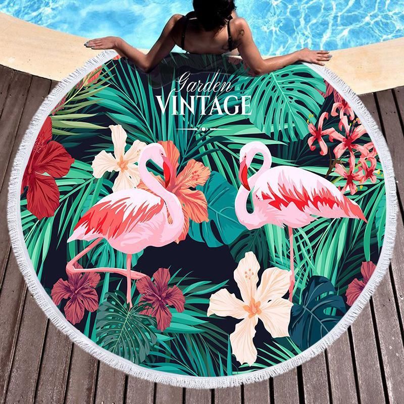 Garden Vintage Colorful Famingo Printed Round Beach Towel