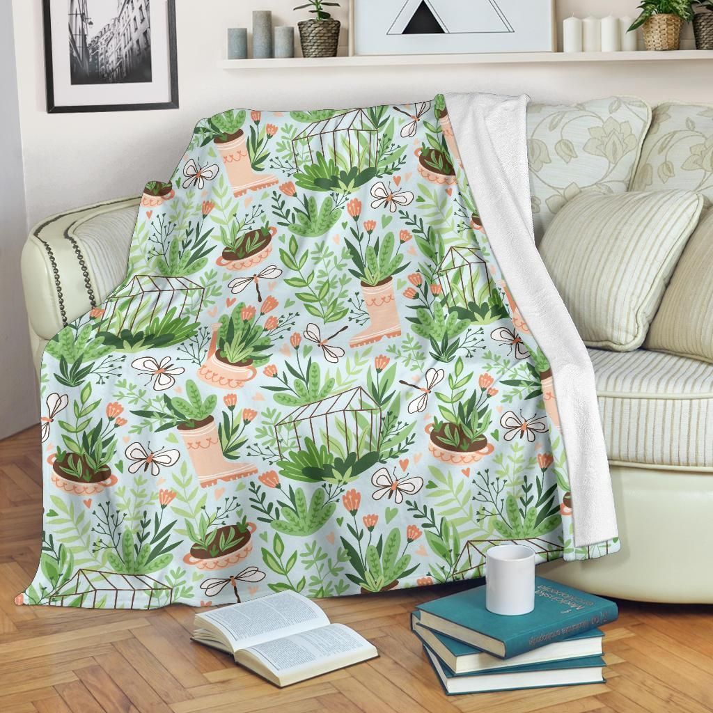 Gardening Plant And Flower Pattern Printed Fleece Blanket