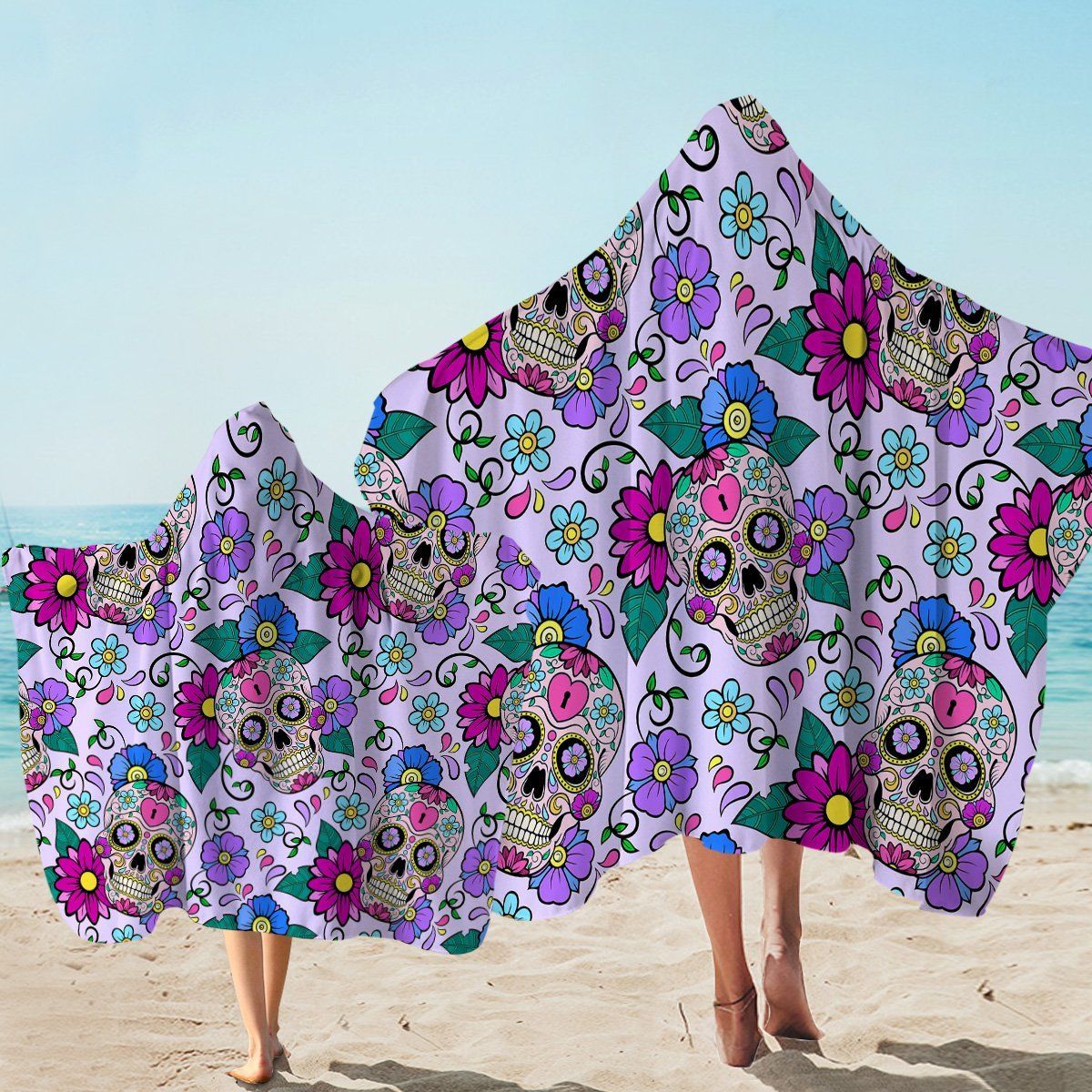 Gaudy Skulls Flowery Pattern Printed Hooded Towel