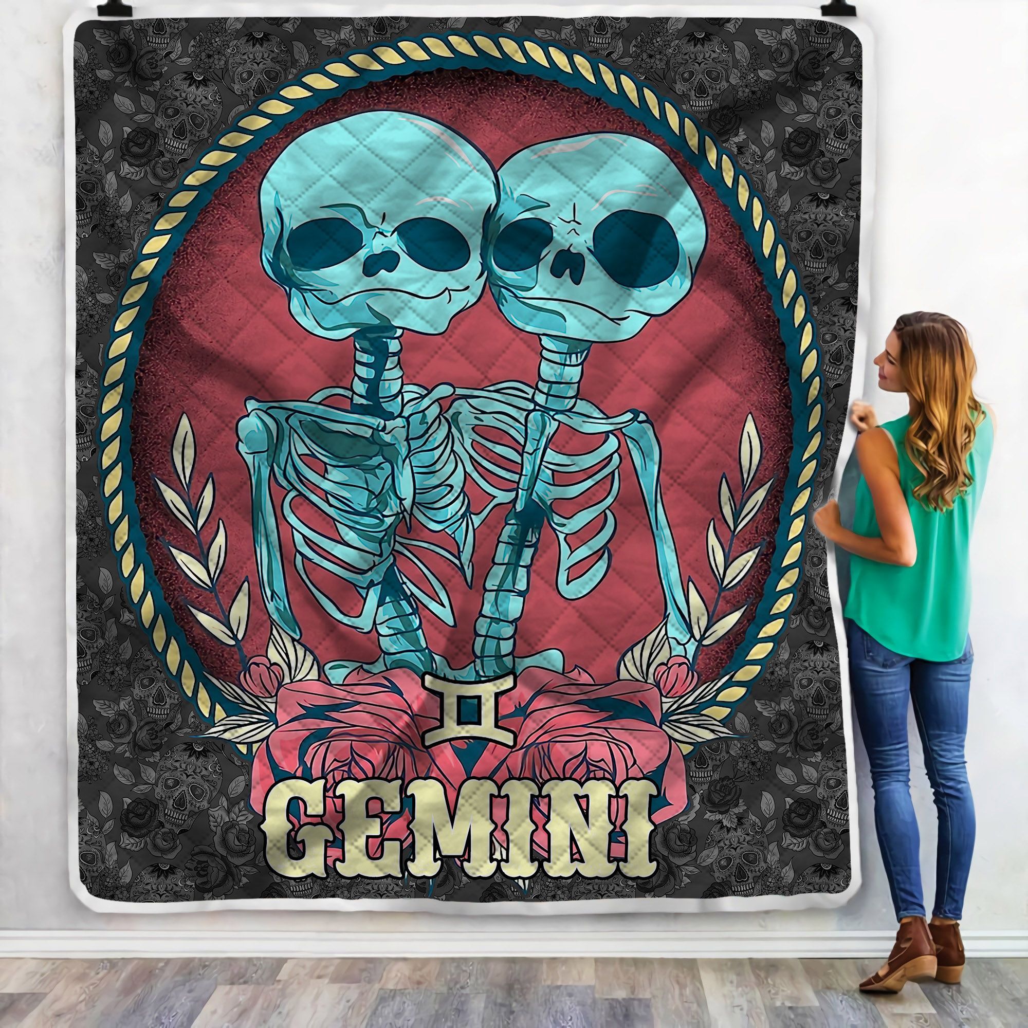 Gemini Zodiac Twin Skull Sherpa Fleece Blanket