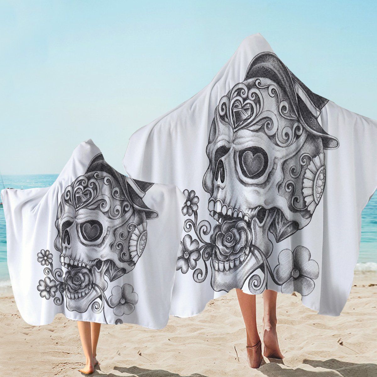 Gentle Skull With Pattern On White Printed Hooded Towel