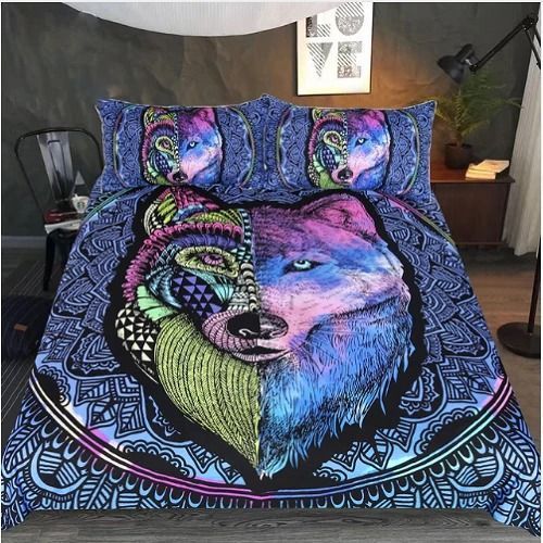 Geometric Colorful Wolf Bedding Set