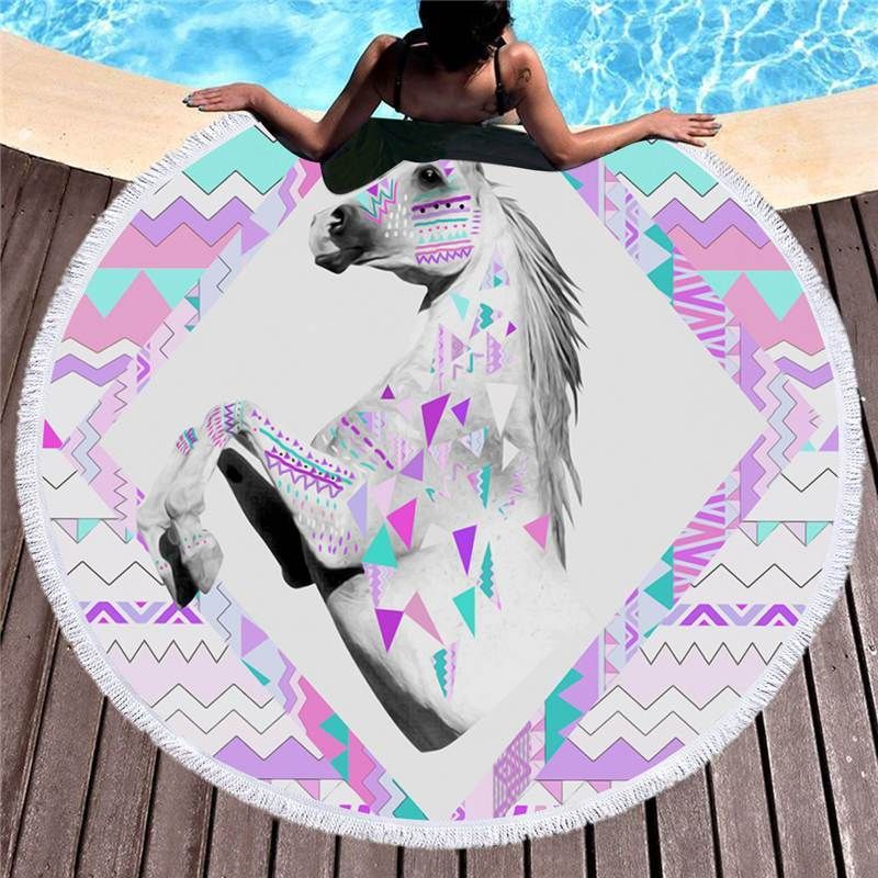 Geometric Figures And Unicorns Printed Round Beach Towel