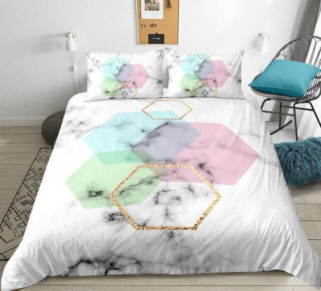 Geometric Marble On White Bedding Set