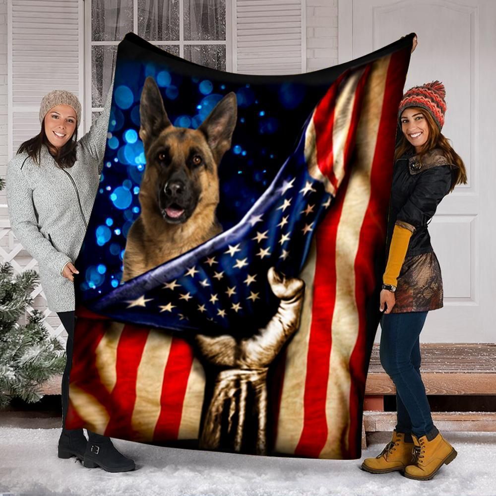 German Shepherd Dog American Flag Sherpa Fleece Blanket
