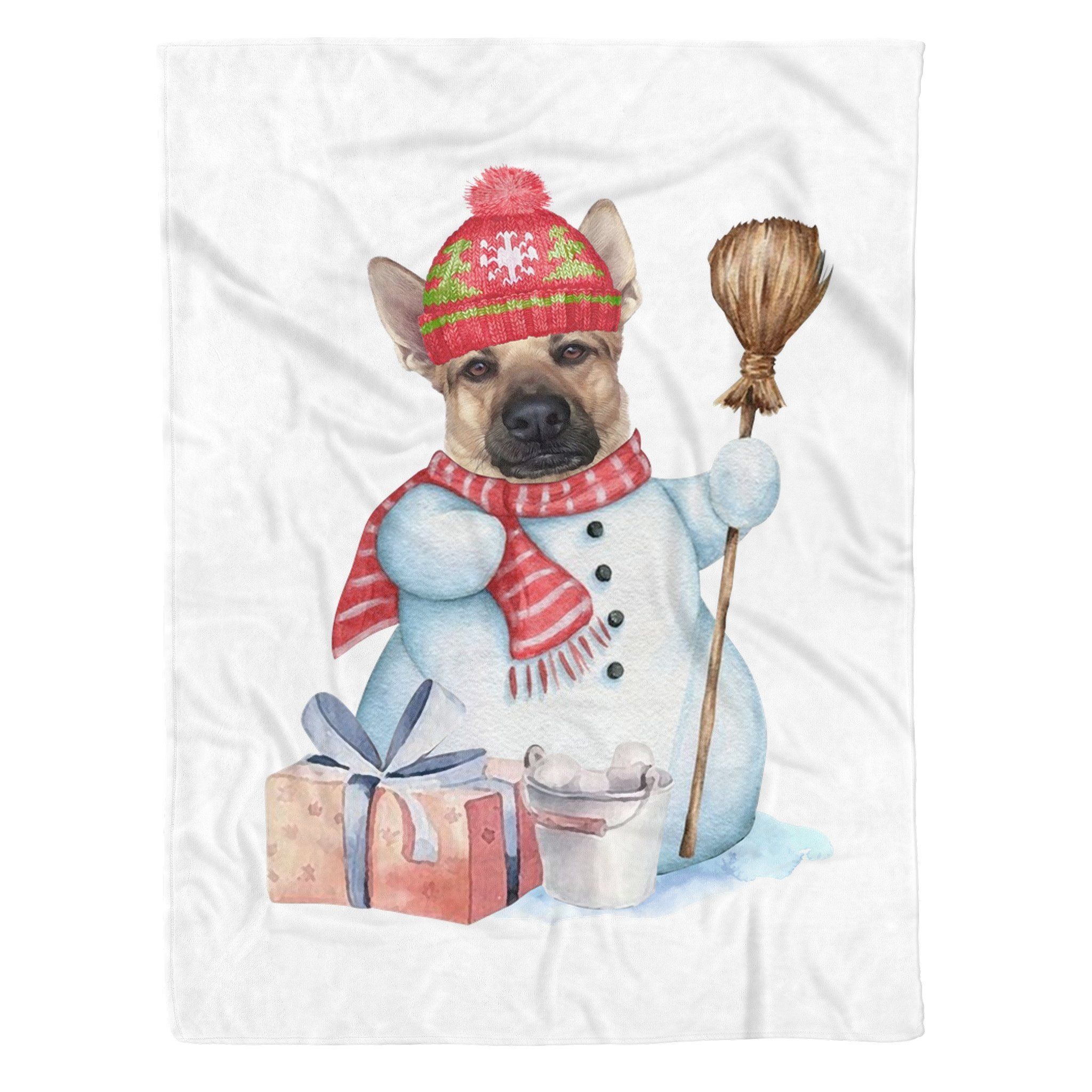 German Shepherd Snowman Christmas Sherpa Fleece Blanket