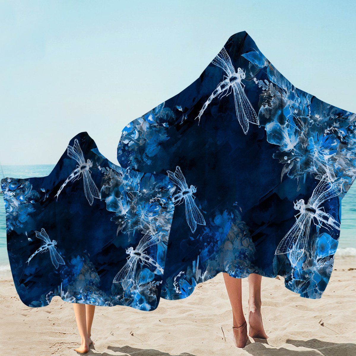 Ghostly Dragonflies Dark Blue Printed Hooded Towel