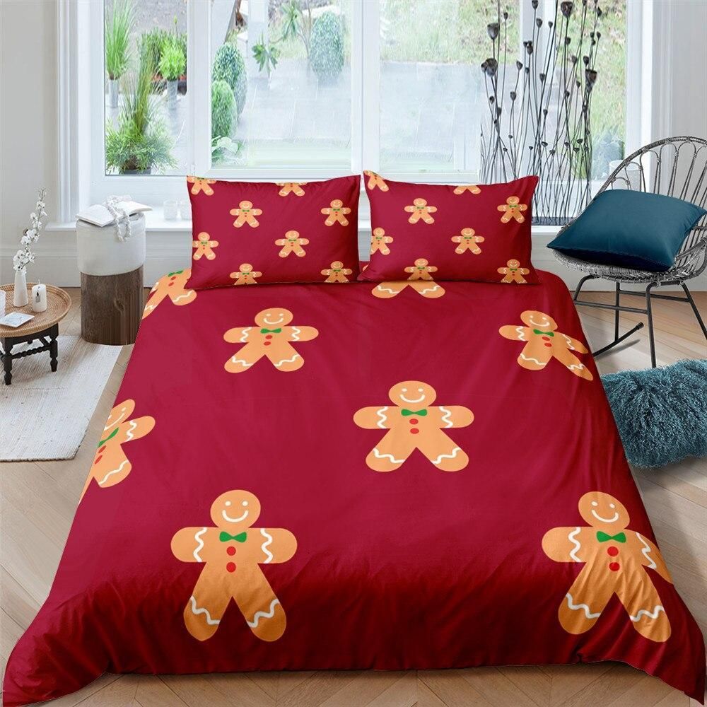 Gingerbread Pattern Maroon Background Bedding Set