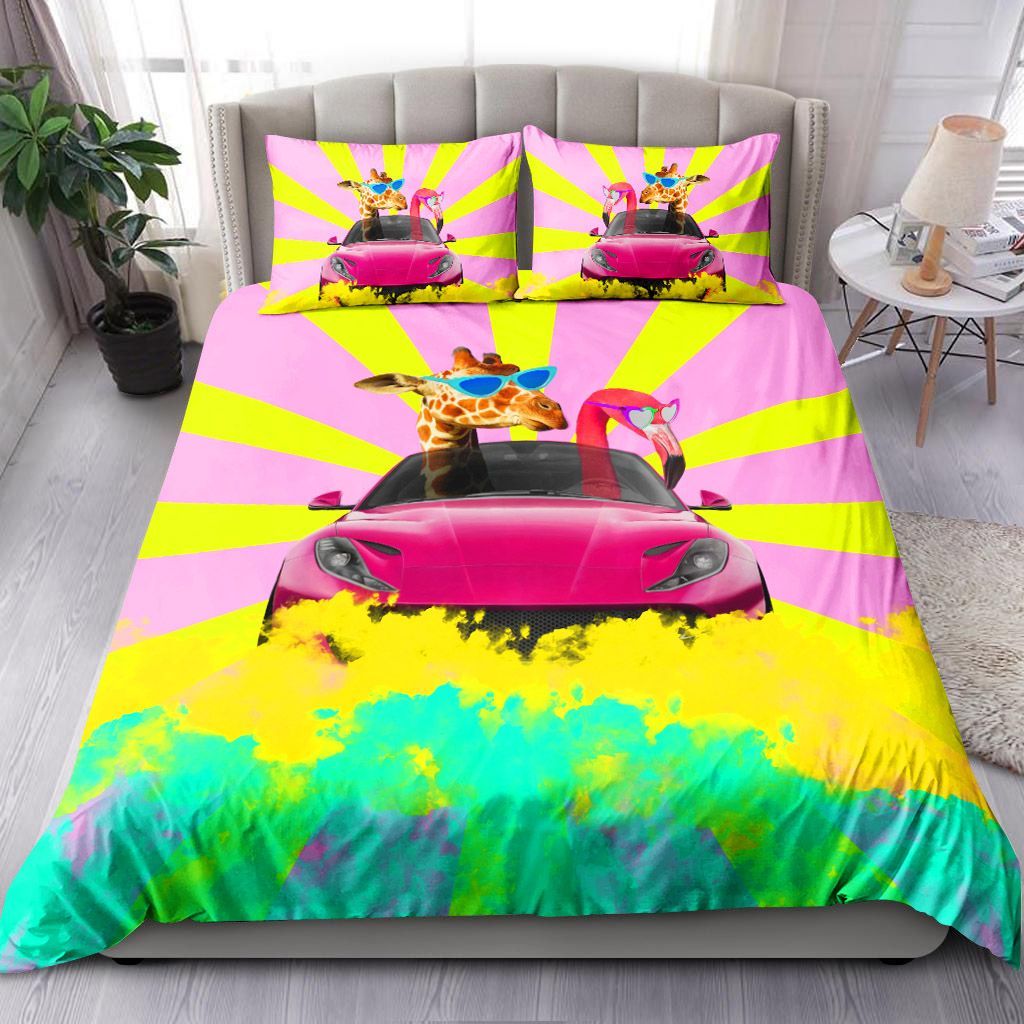 Giraffe And Flamingo Wearing Sunglasses And Driving Car Bedding Set