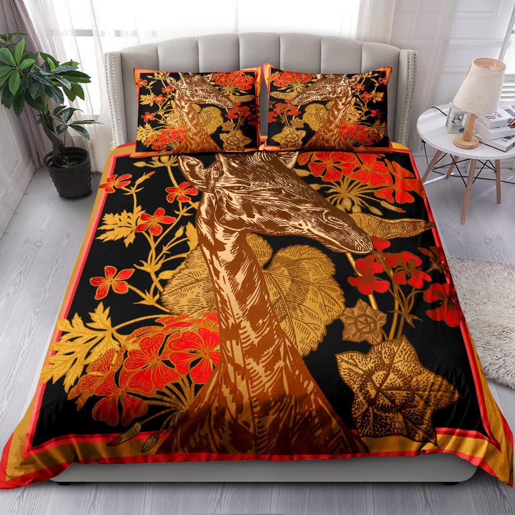 Giraffe And Red Geranium Flowers Bedding Set
