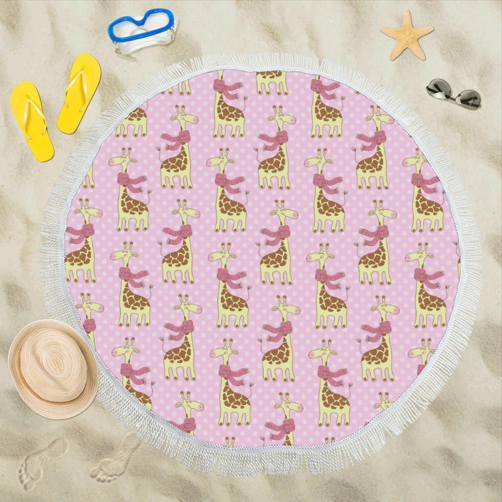 Giraffe Cute Pink Polka Dot Print Round Beach Towel