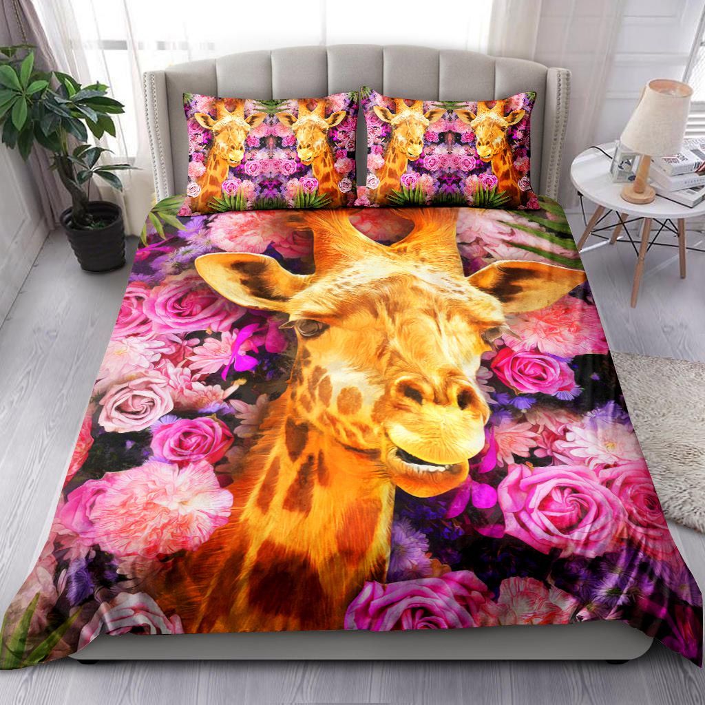 Giraffe On Colorful Flowers And Roses Bedding Set