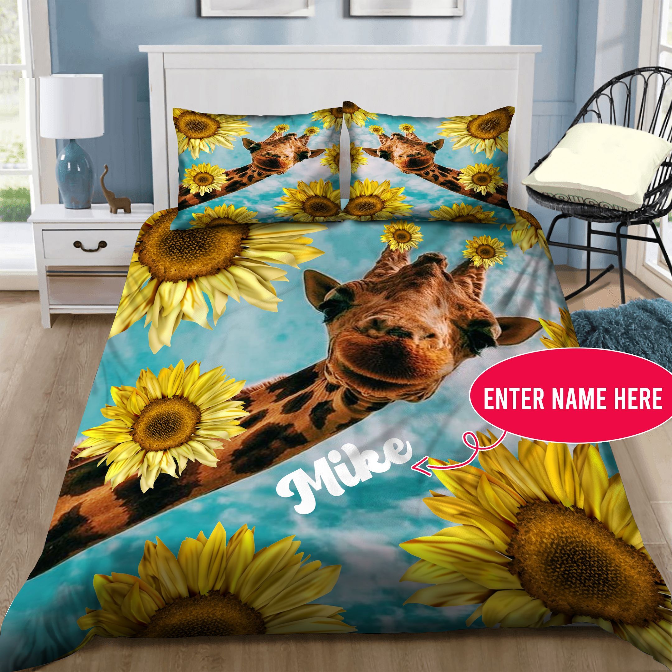 Giraffe Sunflower Personalized  Bedding Set