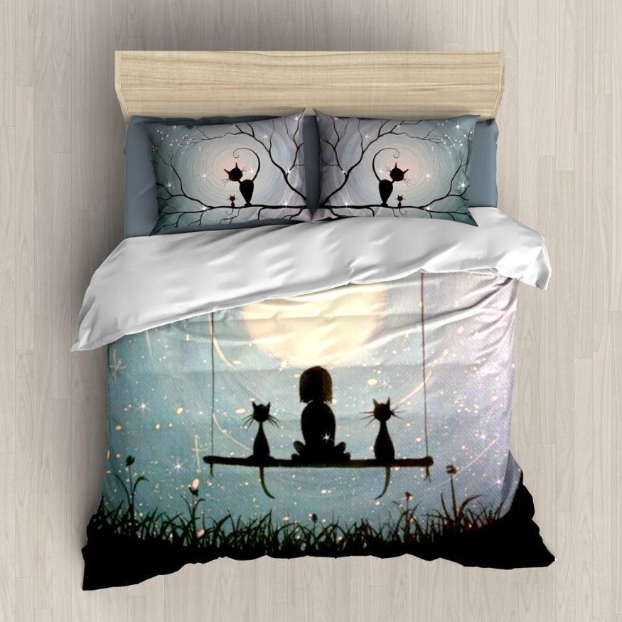 Girl And Cats Blue Bedding Set
