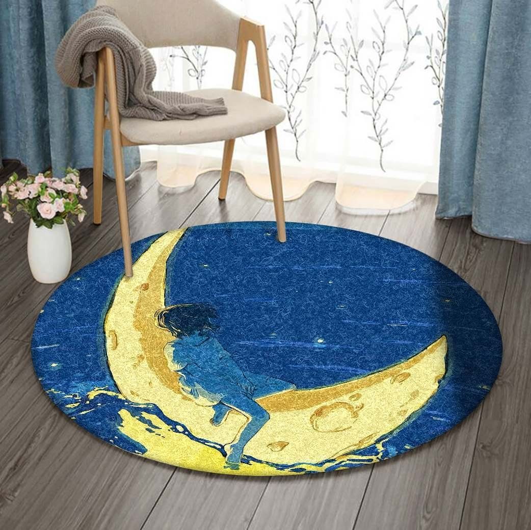 Girl And The Moon Round Carpet