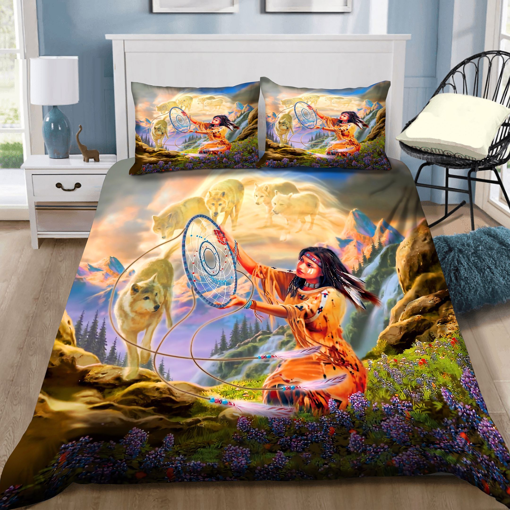 Girl Dreamcatcher Wolf Bedding Set