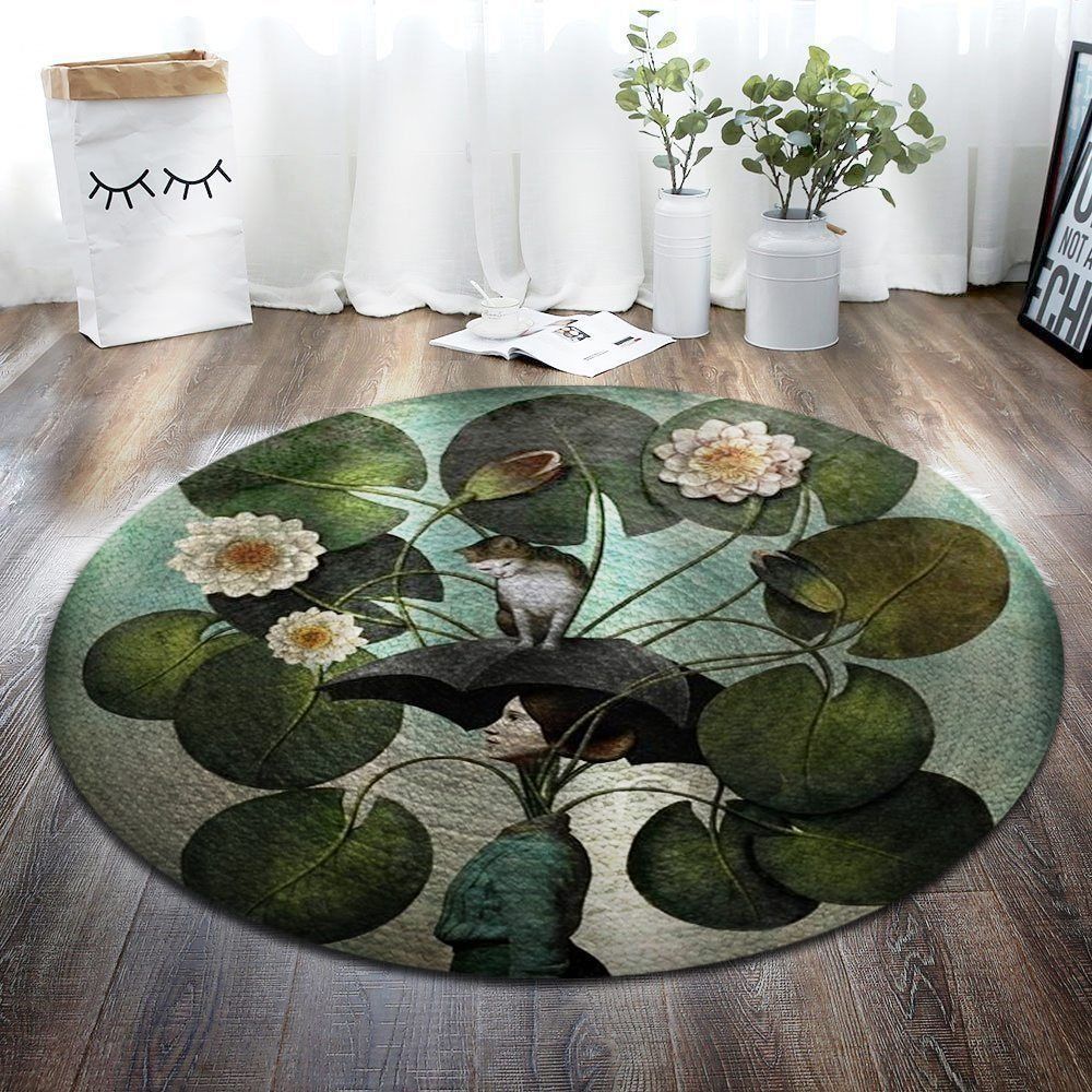 Girl Lotus And Cat Round Carpet